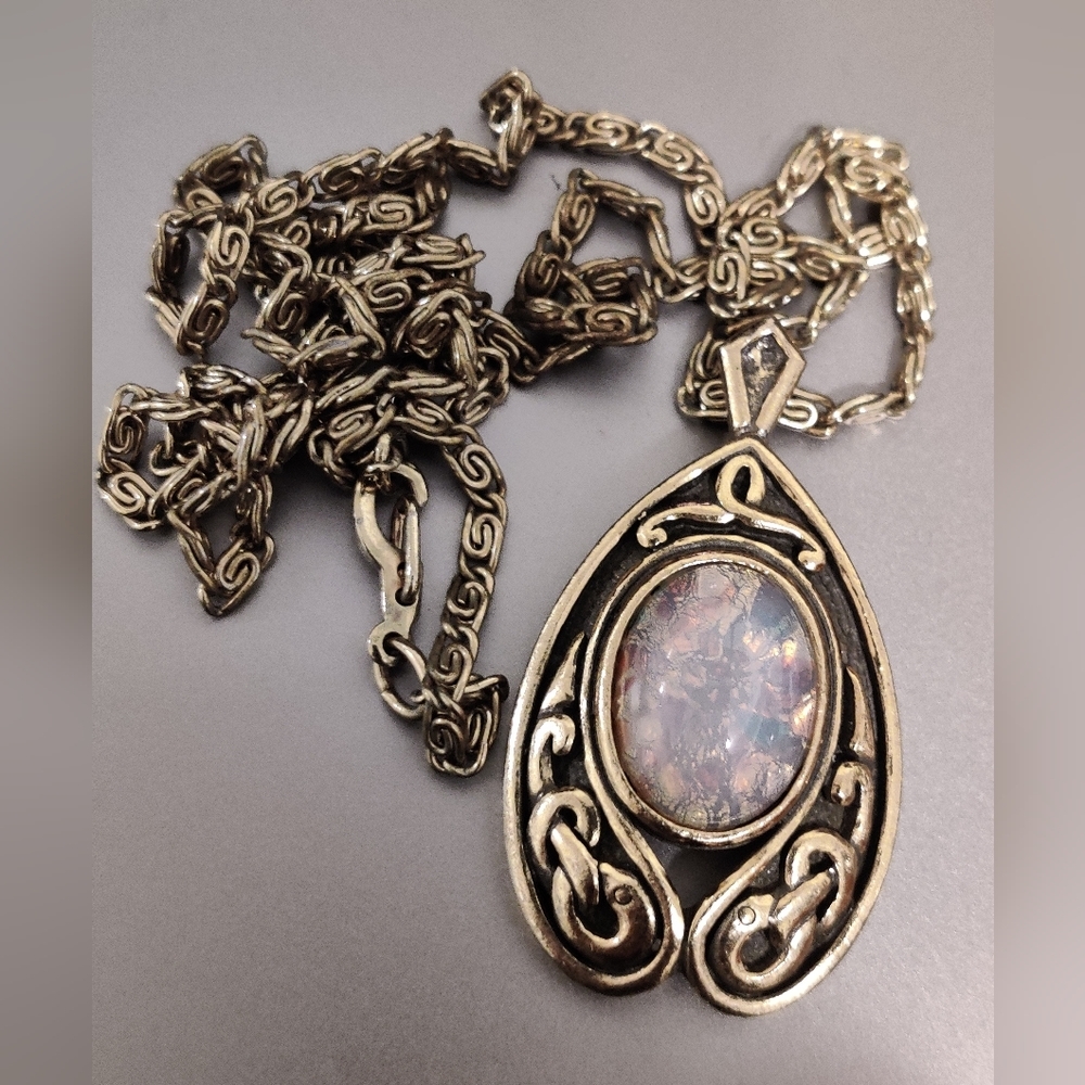 Vintage Signed Miracle Celtic Art Nouveau style necklace with a Faux Fire opal